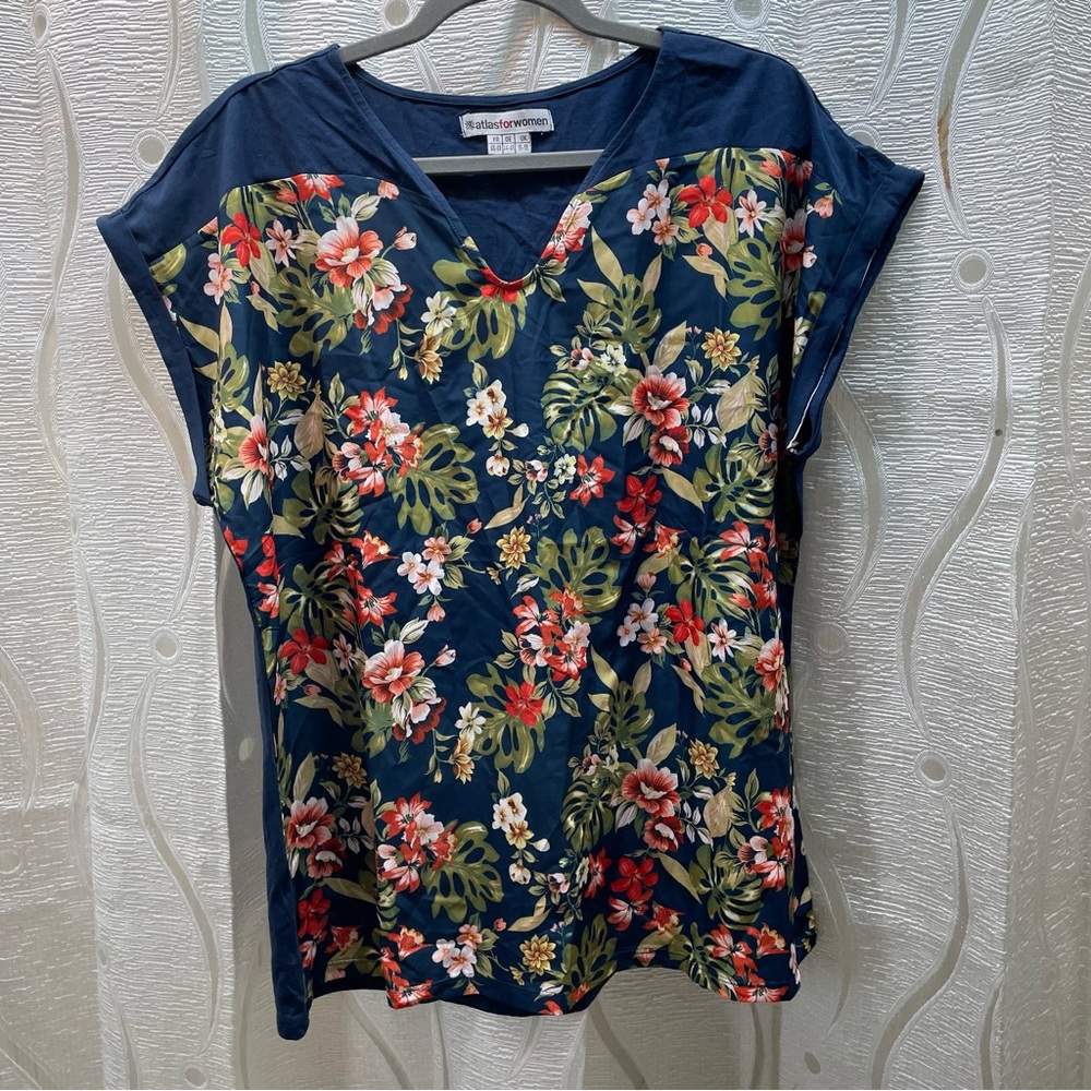 Atlas For Women Floral Tropical Top Women UK 16-18‎ Navy Blue  Mixed Media
